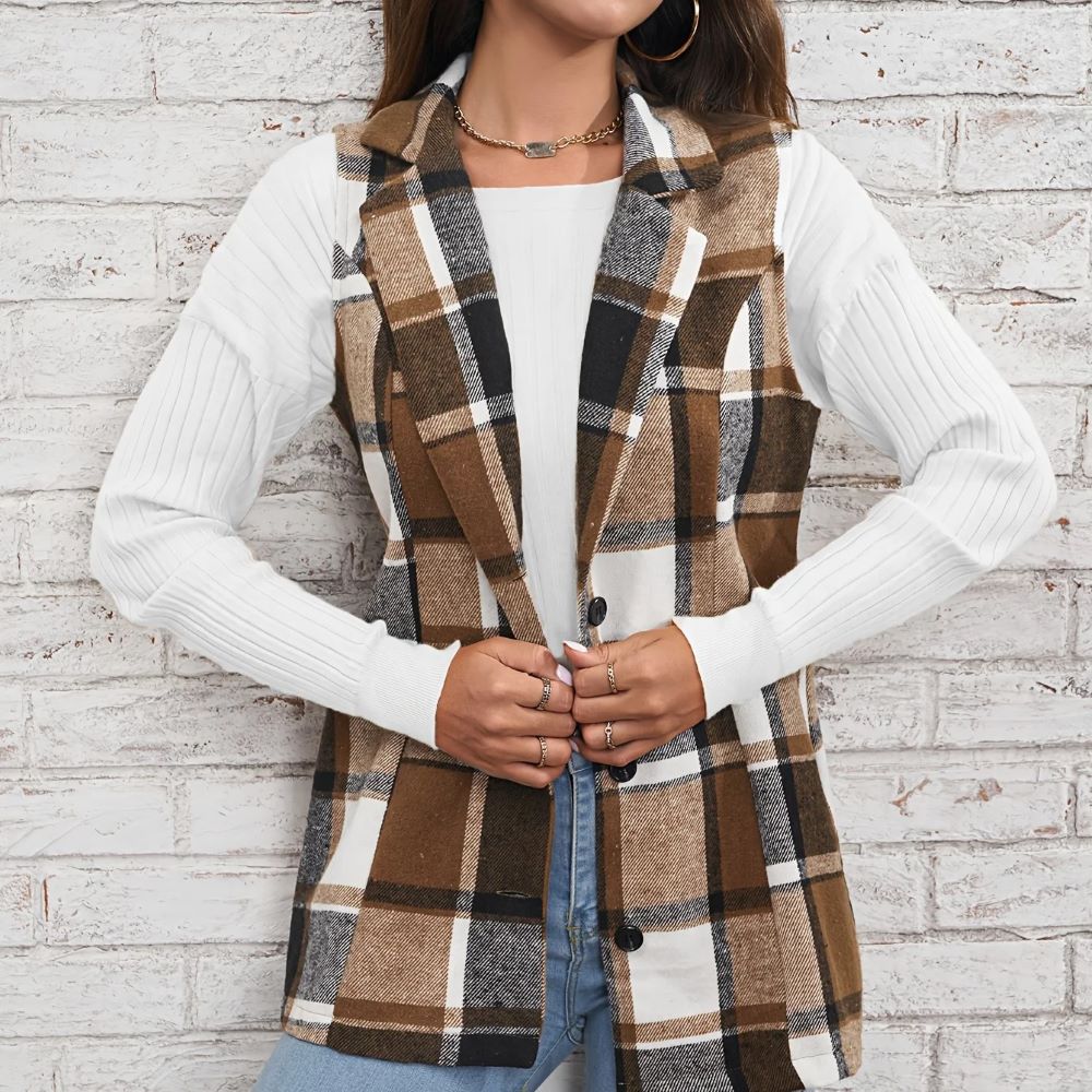 Gilet Femme à Carreaux Marron - Taille S, Maille Acrylique, Très Bon État Occasion